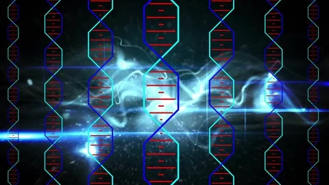Blue beam crossing center, hitting hexes, center helix glowing, red ticks Stock Footage 321161765