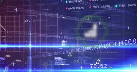 Blue beam intersecting binary code activating hex icons, numeric panels and Stock Footage 313618569