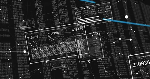 Blue beam scanning node network and updating transparent data panels for Stock Footage 312500483