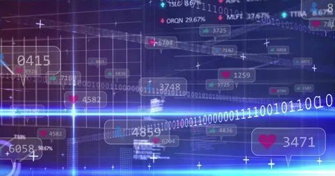 Blue beam sweeping grid, causing binary clusters sliding callouts and graphs Stock Footage 311508119