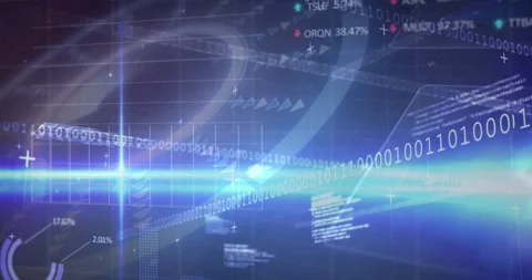 Blue beam sweeping screen, revealing binary streams, plotting graph, updating Stock Footage 320287090