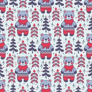 Blue bear with Christmas trees Stock Illustration