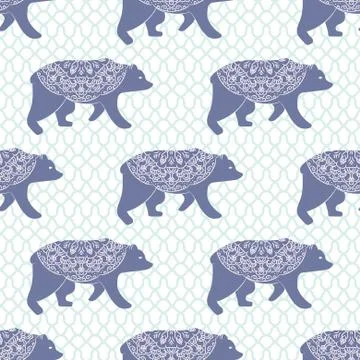 Blue bear vector seamless pattern with openwork ornament Stock Illustration