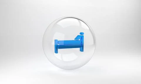 Blue Bed icon isolated on grey background. Glass circle button. 3D render ill Stock Illustration
