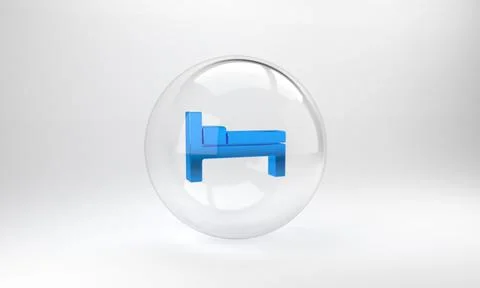 Blue Bed icon isolated on grey background. Glass circle button. 3D render ill Stock Illustration