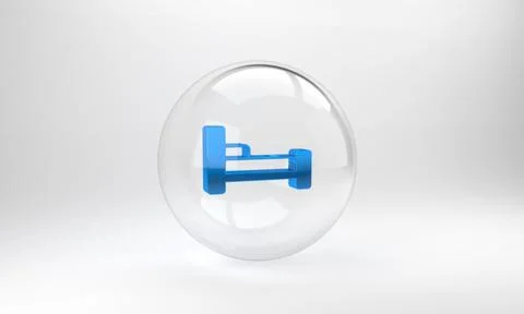 Blue Bed icon isolated on grey background. Glass circle button. 3D render ill Illustrazione stock