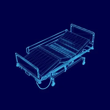 Blue bed with sheet and a blue pillow. The bed is in a hospital setting Stock Illustration