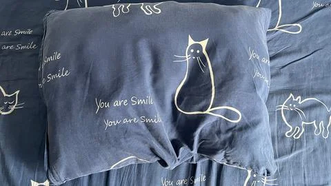 Blue Bedding Set with Cute Cat Illustrations and Text Pattern Stock Photos