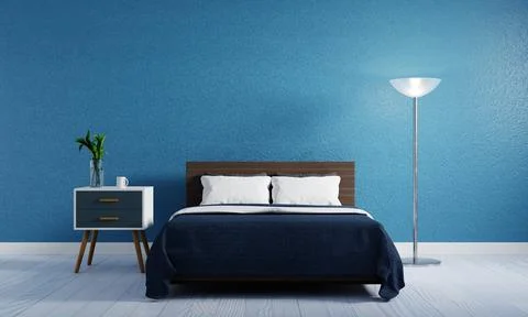 Blue bedroom with bed lamp. Interior and Architecture concept. 3D illustrat.. Stock Illustration
