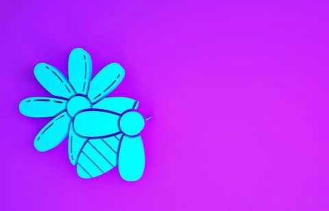 Blue Bee and flower icon isolated on purple background. Sweet natural food. H 스톡 일러스트