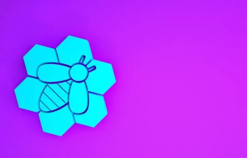 Blue Bee and honeycomb icon isolated on purple background. Honey cells. Honey 스톡 일러스트