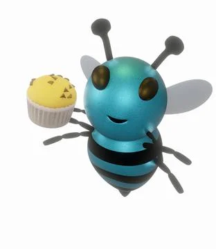Blue Bee and muffin and White Background Illustrazione stock