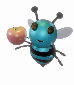 Blue Bee and Red Apple and Flat White Background Illustrazione stock