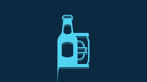 Blue Beer bottle and beer can icon isolated on blue background. 4K Video motion Stock Footage 235907013