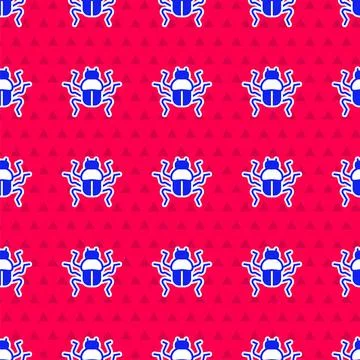 Blue Beetle bug icon isolated seamless pattern on red background. Vector Illustrazione stock