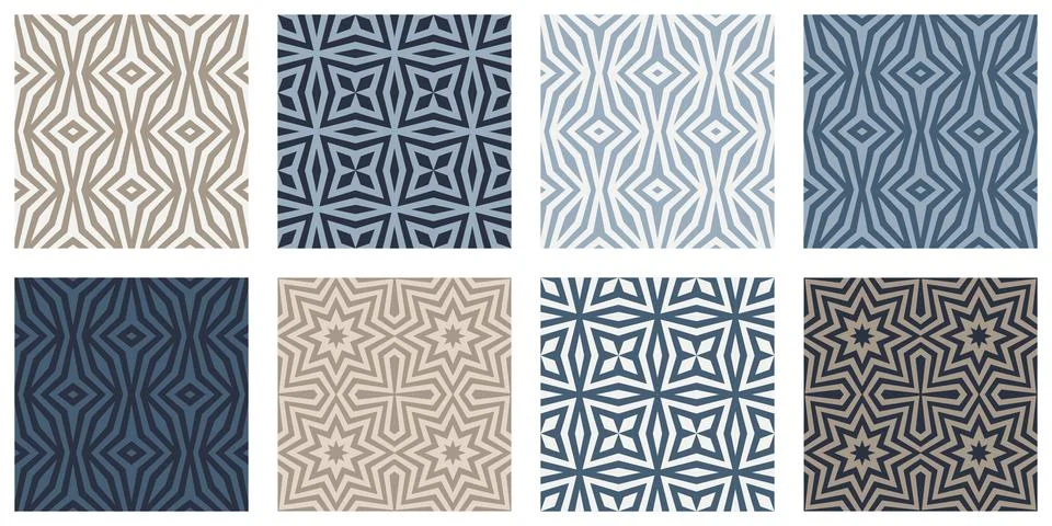 Blue Beige Geometric Seamless Pattern, set of 8 neutral vector swatches Stock Illustration