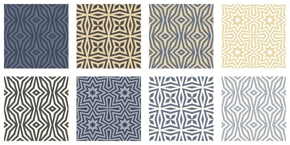 Blue Beige Geometric Seamless Pattern, set of 8 neutral vector swatches イラスト素材