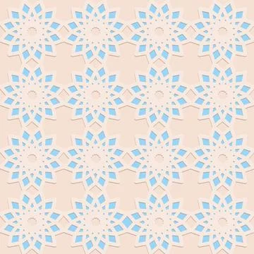 Blue beige seamless pattern, arabesque arabic perforated embossed decorative  Stock Illustration