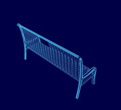 Blue bench is shown in a blue background. The bench is made of wood Stock Illustration