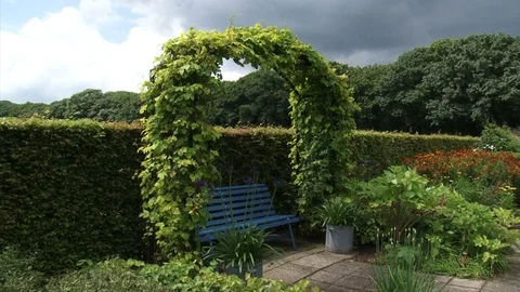 Blue bench under garden arch with climbing plant + dark sky Vídeo Stock 106815672