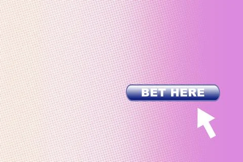 Blue 'Bet Here' button with a white mouse cursor on a pink and purple halft.. Stock Photos