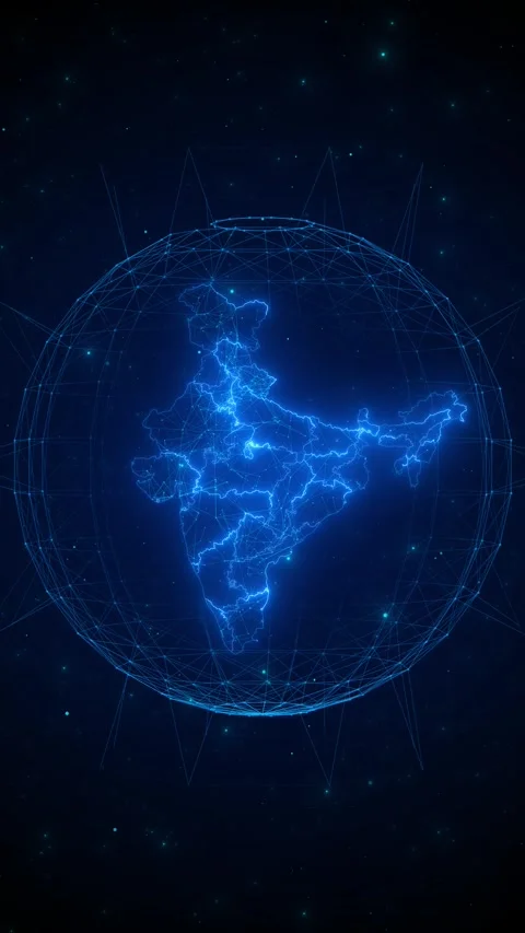 Blue Bharat map hologram polygon links, star particles, circular network frame Stock Footage 334101649
