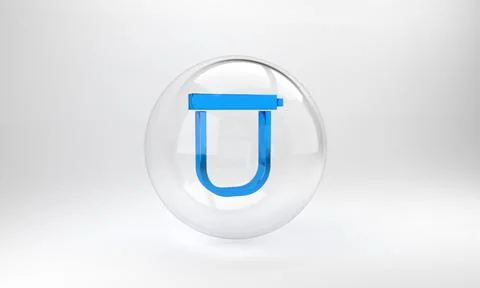 Blue Bicycle lock U shaped industrial icon isolated on grey background. Glass Stock Illustration