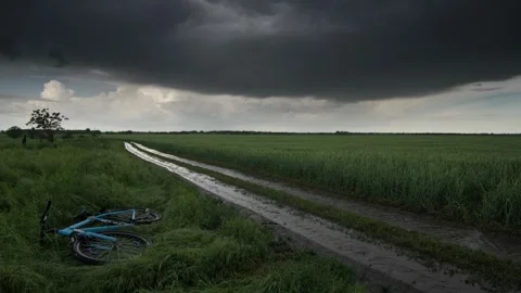 Blue bicycle lying on grass beside muddy road in rainy field Stock Footage 342327984