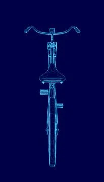 Blue bicycle with a seat wireframe. The image has a futuristic feel to it, with Stock Illustration