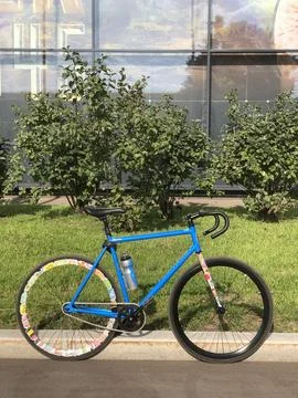 The blue bicycle is standing Stock Photos