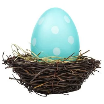Blue big easter egg in a bird nest isolated on white Stock Photos