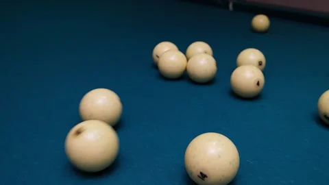 Blue billiard table. The ball breaks the pyramid at the beginning of the game Stock Footage 221568181