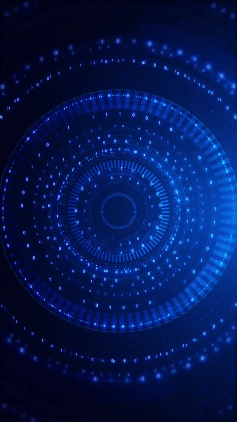 Blue binary circular HUD background with glowing digits, layered rings, and dark Stock Footage 340550327