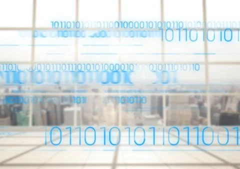 Blue binary code against blurry window Stock Illustration