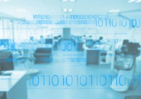 Blue binary code against blurry blue office 스톡 일러스트