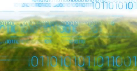 Blue binary code against green blurry mountains Illustrazione stock
