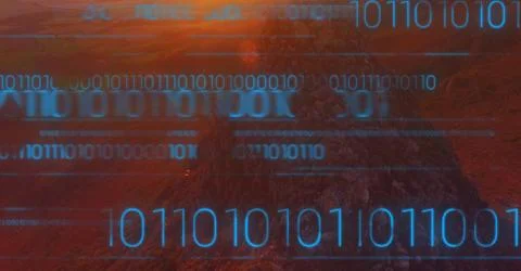 Blue binary code against mountain rock in sunset 库存插图