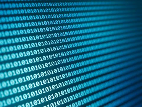 Blue binary code on computer screen texture background. Foto stock