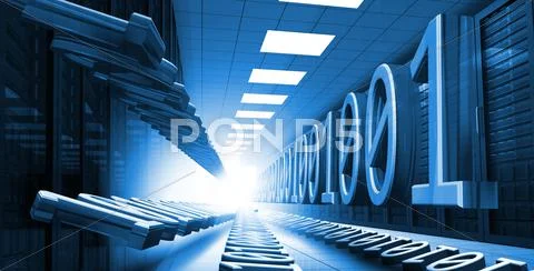 Blue binary code in data center hall leading to light Stock Illustration