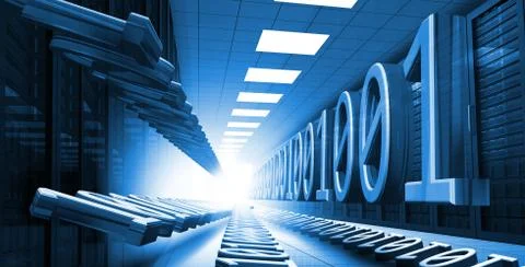 Blue binary code in data center hall leading to light Stock Illustration