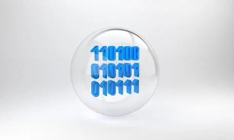 Blue Binary code icon isolated on grey background. Glass circle button. 3D re Stock Illustration