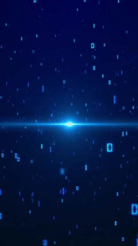 Blue binary code rain falling digital numbers, central horizon flare, and dark c Stock Footage 340571282
