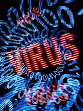 Blue binary code spiraling down onto the word virus repeated three times Stock Illustration