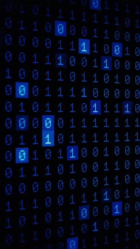 Blue binary code streaming down on a dark screen representing digital data and Stock Footage 347692375
