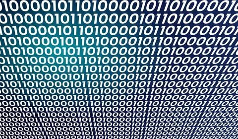 Blue binary code waves flow diagonally across digital field forming Stock Illustration