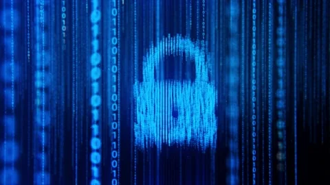 Blue Binary Code,Matrix Code, Falling Digital Symbols With Padlock Icon Stock Footage 176497476