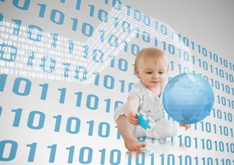 Blue binary codes floating around a baby with a blue planet Foto stock