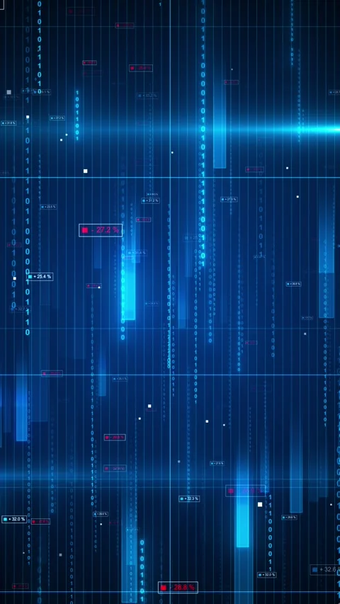 Blue binary data dashboard background falling numbers, glowing columns, grid mar Stock Footage 340477609