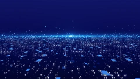 Blue binary data floor glowing number streams, digital tiles, bright horizon, pa Stock Footage 340557601