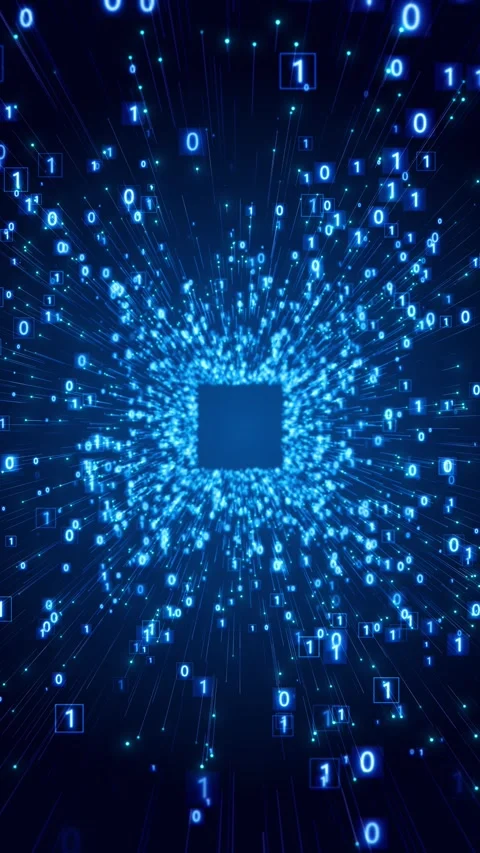 Blue binary data portal tunnel glowing numbers, particle burst, and deep square Stock Footage 340548801